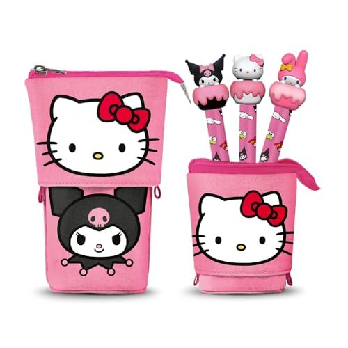 Hello Kitty Playful-Estuche Portatodo Cute + 3 Bolígrafos de Gel Borrables, Rosa, 11,5 x 17 cm