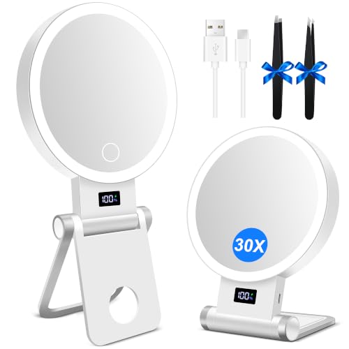 MIYADIVA Espejo De Maquillaje con Luz, Espejo De Doble Cara con Aumento 1X/30X Y Soporte Plegable, 3 Modos De Iluminación, Indicador De Nivel De Batería, para Viaje, Oficina, Hogar, Idea De Regalo