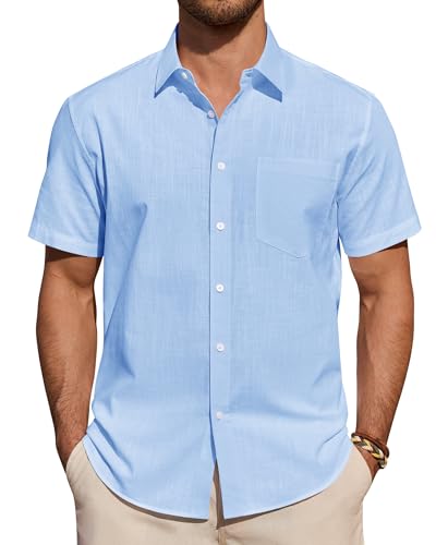 siliteelon Mens Short Sleeve Shirts Summer Linen Shirt Beach Regular Fit Casual Cotton Holiday Tops with Pocket Sky Blue L