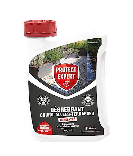 PROTECT EXPERT Désherbant Concentré - Cours Allées Terrasses - Effets Visibles Sous 3h - 700ml - Jusqu’à 58m² Traités - Bidon Doseur PROCOUR700