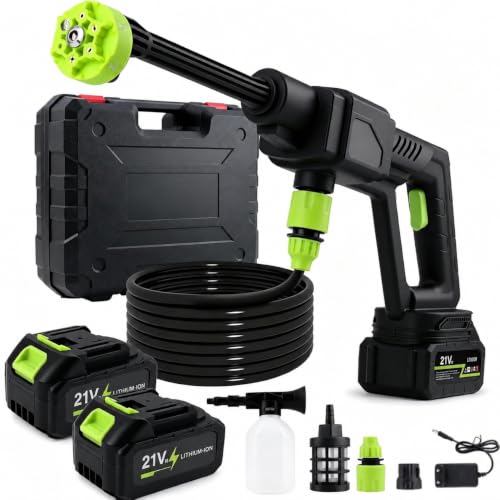 Image of Cordless Portable Pressure Washer Gun 21V 12000mAh | Double Battery Wireless High Pressure Water Gun with 6-in-1 Nozzle & 5M Hose Pipe | Car Wash, Bike Cleaning & Outdoor Use for Kids and Adults.