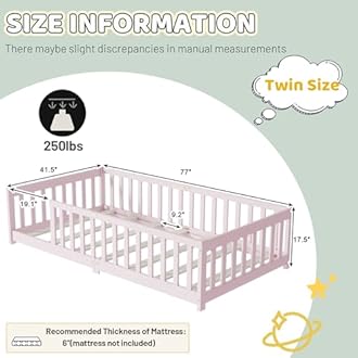 Twin Floor Bed with Safety Guardrails for Kids, Rubber Wood Montessori Bed with Slats, Twin Size Bed Frame for Girls and Boys,No Box Spring Needed,Pink
