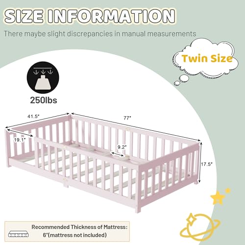 Twin Floor Bed with Safety Guardrails for Kids, Rubber Wood Montessori Bed with Slats, Twin Size Bed Frame for Girls and Boys,No Box Spring Needed,Pink