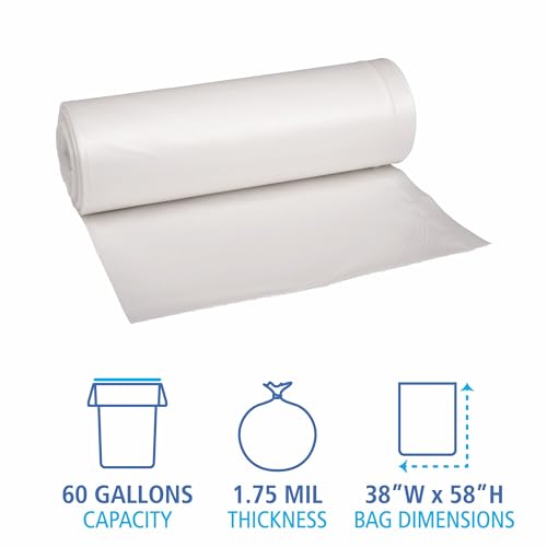Image of Boardwalk Recycled Low-Density Polyethylene Can Liners, 60 Gallon Garbage Bags, 1.75 mil, 38 inch x 58 inch, Clear, 10 Bags /Roll, 10 Rolls /Carton