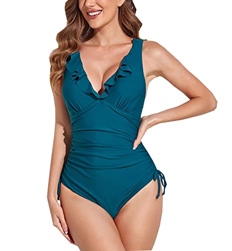 Easyoyo Maiô feminino de uma peça com babados e decote em V nas costas e amarração cruzada nas costa