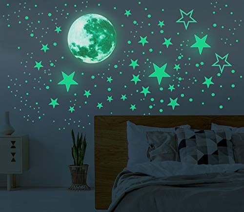 Glow in The Dark Moon and Stars Wall Stickers, 437PCS Adhesive Room Decor, Ceiling Art Stickers for Starry Sky at Night, Removable Wall Stickers, Great for Kids’ Bedroom