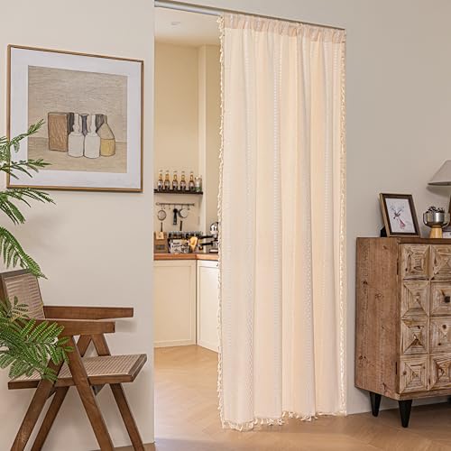 Sutuo Home Boho Sliding Door Curtains, Bohemian Semi Blackout Tassels Curtains Privacy Embroidery Stripes Decor Temporary Room Dividers for Door Window Hallway,Rod Pocket 1 Panel 37 W x 80 L,Beige