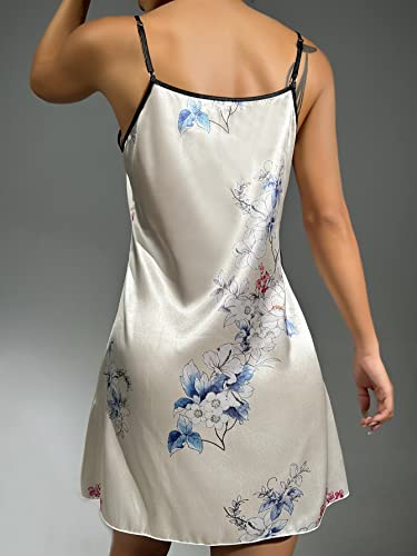 Makemechic Women's Satin Slip Nightgown Floral Print Silk Cami Nightdress Sleepwear Beige M #TOP1