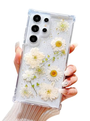 Lewrtser Compatible with Samsung Galaxy S24 Ultra Case Cute Pressed Dried Real Flowers Design Women Girly Shockproof Gliter Bling Floral Clear Phone Cover for Galaxy S24 Ultra (White Flower)