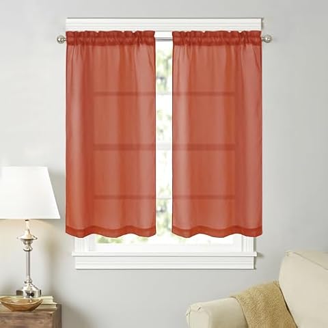 Tony's collection Terra Cotta Sheer Curtains 36 Inch for Kicthen Curtains Slub Textured Short Curtains Farmhouse Cafe Curtains Small Window for Bathroom Laundry Room(26x36 Inch, Terra, 2 Panels) Cover