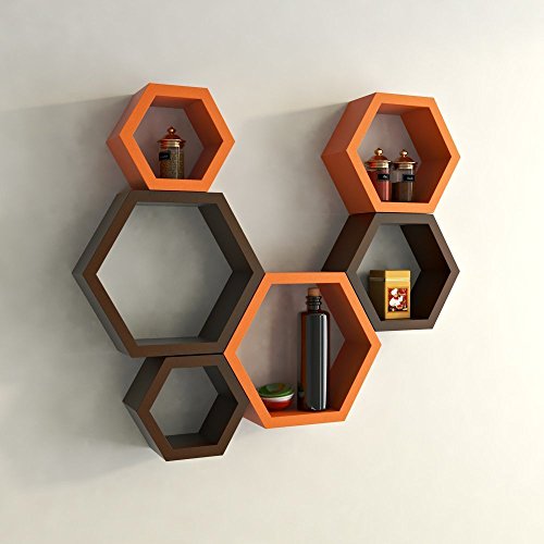 Image of Bros Moon Wall Mounted TV Cabinet, L-Shape, Choco White, MDF, Modern Style, Laminated Finish, for Living Room, Suits TV up to 55 Inches (Brown White, Hexagon Set of 6)
