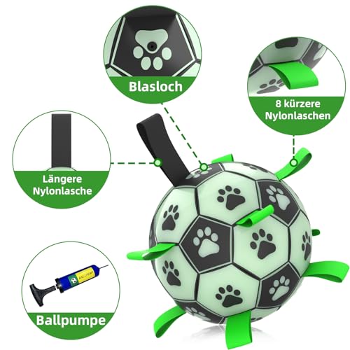 HETOO Hundespielzeug, Hundeball mit Nylon Seil, Premium Hundefußball Spielzeug für Mittlere Große Hunde Indoor & Outdoor Unterhaltung (8 Zoll Glow in Dark)