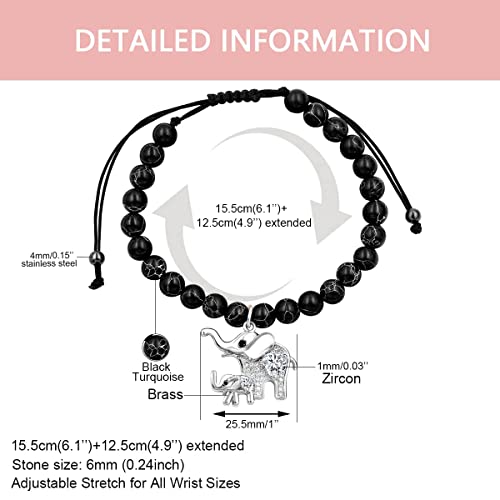 Image of Matte Agate Black Onyx /Turquoise Beads Bracelet, Good Luck Mom and Baby Elephant Bracelet, To My Mom Bracelet Gifts for Mothers Day from Daughter