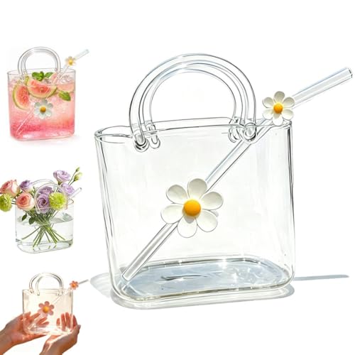 Purse Drinking Glass with Straw, Cute Glass Purse Cup, Unique Handbag Shaped Drinking for Juice, Iced Tea & Cocktails, Decorativ