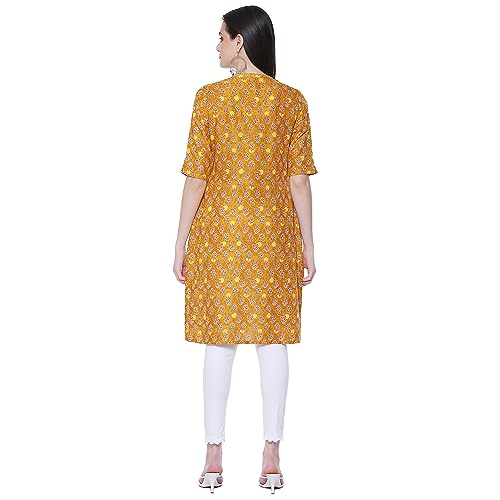 Image of Rangriti Mustard Liva Straight Printed Kurta for Women