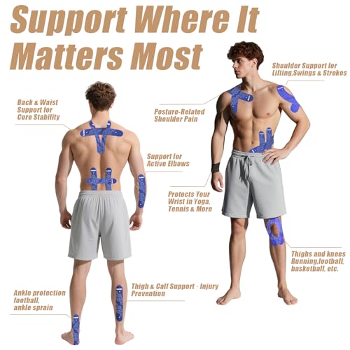 Image of Kinesiology Tape, 40 Count Precut Strips 2 Rolls Original Cotton Tape | Elastic Athletic Tape for Muscle Strain Relief & Joint Support, Latex Free Kinetic Tape, Waterproof & Breathable Sports Tape