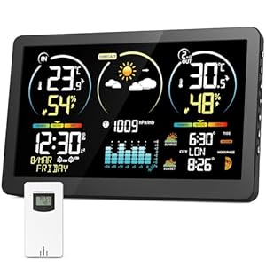 Wetterstation Funk mit Außensensor, 7, 8 Zoll Großes Farbdisplay mit Beleuchtung & DCF Funkuhr, Wettervorhersage, Innen-/Außenthermometer & Hygrometer, Barometer, Mondphase, Temperaturwarnung