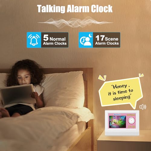 Image of Kids Digital Alarm Clock with Voice Scene Reminders, 7 inch Eye-Caring Display | Watercolor Wallpapers, Auto Dimming DST /Calendar Clock, Sleep Trainer Easy Setup Gift-Ready Box for Kids Birthday with Remote