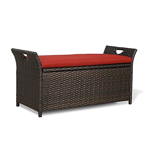 Patio Tree 40 Gallon Outdoor Storage Bench Rattan Deck Box Patio Steel Frame Wicker Storage Container With Cushion, Red Npt-900004 #TOP28