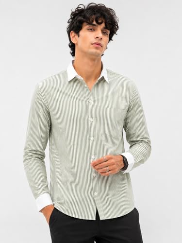 Image of Men's Striped Casual Shirt | White Collar & White Cuff Design | Full Sleeve Cotton Blend Shirt for Men | Slim Fit Stylish Casual Wear