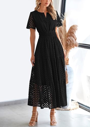 PRETTYGARDEN Womens 2026 Summer Maxi Dress Short Sleeve V Neck Hollow Out Eyelet A Line Long Flowy Beach Vacation Dresses (Black,X-Small) — view 4