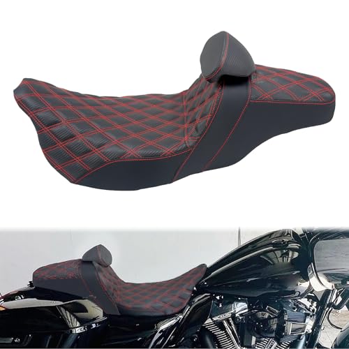 One-Piece Driver Passenger Seat Motorcycle 2-up Seat With Driver Backrest Cushion Pad Fit for Harley Touring Electra Glide Road King Road Glide Street Glide 2009-2023 (Red Stitching)
