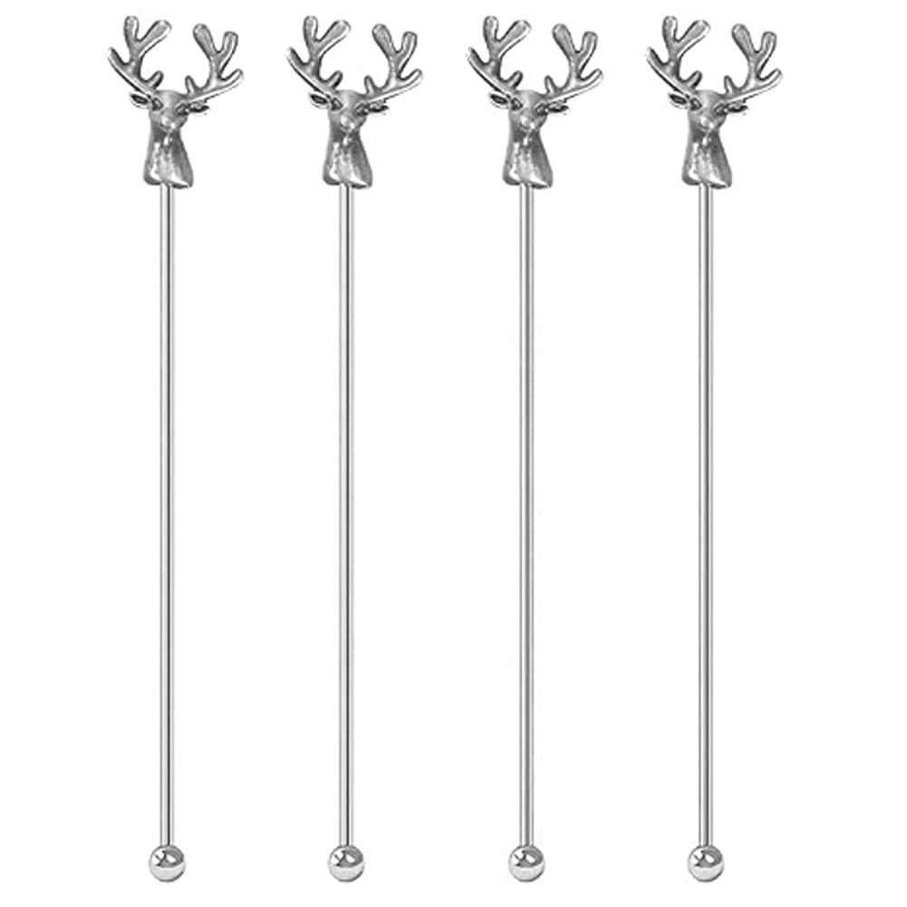 Ackron Deer Head Shape Beverage Stir Sticks Stainless Steel Coffee Stirrers Reusable Swizzle Sticks for Mixing Cocktail Whisky Vodka Scotch Brandy Garnish Stir Sticks 4 pieces (Antique Pewter)