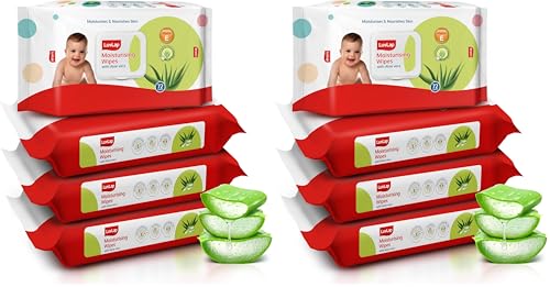 Image of LuvLap Moisturising Wet Wipes with Lid for Baby Skin, Enriched with Aloe Vera, Vitamin E & Chamomile Extract, pH Balanced, Dermatologically Safe, Paraben & Sulphate Free, 72 Wipes, Pack of 8