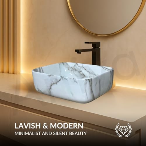 Image of Artiva Ceramic Wash Basin /Tabletop Washbasin For Bathroom,12 inchx16 inch /Small Countetop Bathroom Basin /Table Top Basin For Home,Office,Hotel /Rectangle Glossy Sink (Marble-White,12x16 Inch)