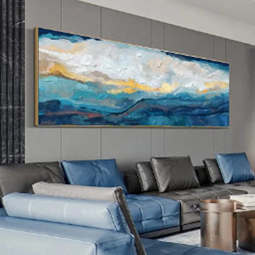Tableau abstrait bleu doré pour habiller un mur vide de salon 20x60cm