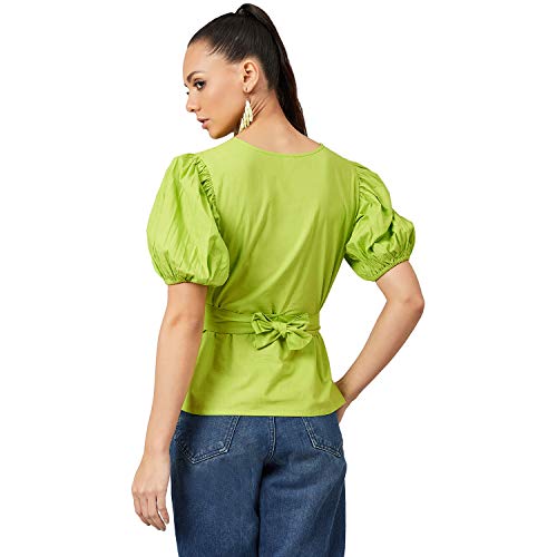 Image of ATHENA LIFESTYLE Lime Green Puff Sleeves Solid Casual Top