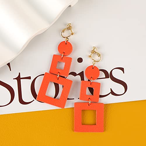 Large Dangle Clip On Earrings for Women Heart Flower Lightweight Handmade Colorful Genuine Leather Vintage 70s 80s 90s Retro Cartilage Non Pierced Ear Clips Boho Mother Valentine's Day Christmas Gift4