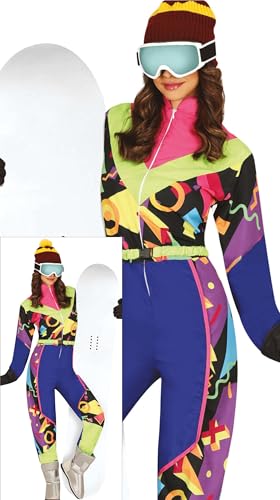 FIESTAS GUIRCA Déguisement de ski rétro pour femme – Costume de ski coloré des années 80 - Costume amusant pour femme - Snowboarder des années 90, combinaison de neige, survêtement Taille L