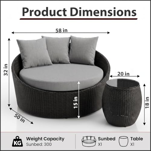 Image of BRISHI Outdoor Patio Round Daybed /Sunbed /Swimming Pool Side /Sun Lounger /Garden /Terrace /Balcony /Wicker and Rattan Daybed (Black /Grey)
