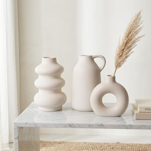 Image of Luxury Modern Ceramic Vase Set of 3 | Nordic Minimalist Donut, Jug & Sculptural Design Decorative Flower Vases | Matte White Donut & Sculptural Home Decor for Living Room & Table Styling