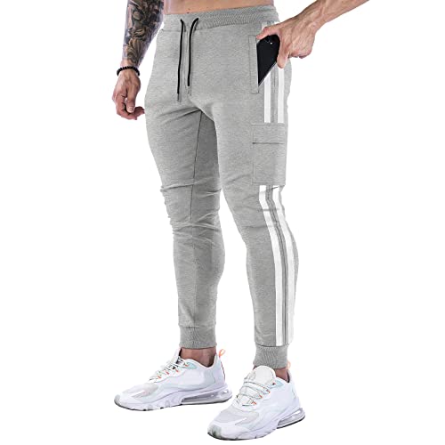 BOOMLEMON Pantalones de pista para hombre, casuales, delgados, para gimnasio, entrenamiento, con rayas - gris - X-Large