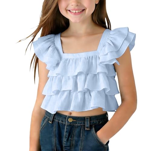 duxyoz Blue Girls Ruffle Shirts Flutter Sleeve Multi Layered T Shir Elegant Cute Casual School Holiday Peplum Blouse Square Neck Flowy Crop Summer Tops Going Out Shirt Party Wear 8-9 Years