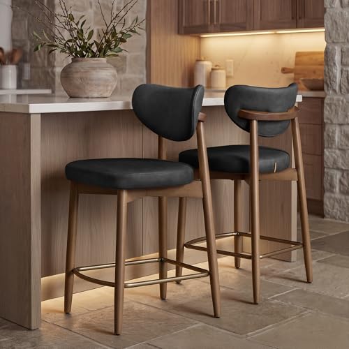 Image of VASAGLE Wooden Bar Stools Set of 2, Synthetic Leather, Ink Black | Barstools with Solid Wood Legs, Ergonomic Backrest, Mid Century Modern, for Kitchen Island, Synthetic Leather