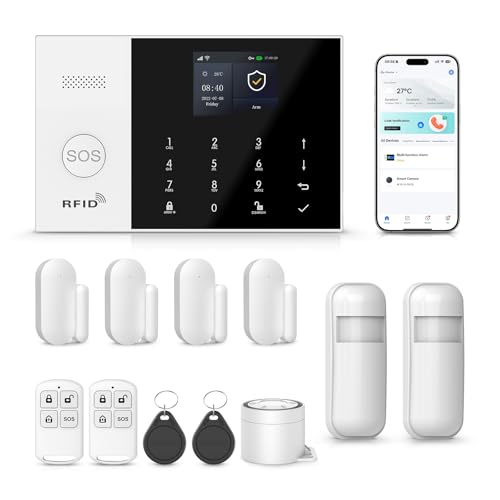 XNH 12-Piece Kit Wireless Home Security System –DIY 4G/WiFi with Touchscreen, App Control, Alexa & Google Assistant, No Monthly Fee, GSM SIM Card Ready, Motion Detector, Door Window Sensor for Home