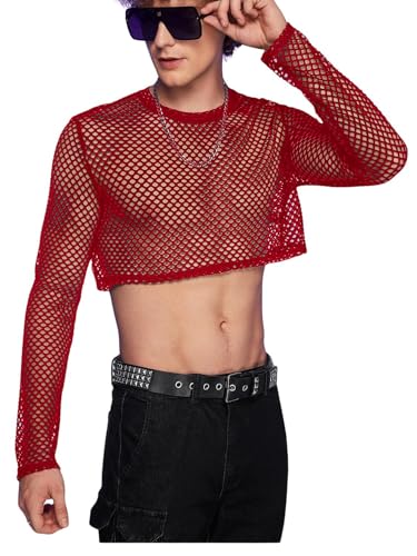 WDIRARA Mens See Through Fishnet Mesh Long Sleeve Sheer Crop Tops Party Club Top Red Small