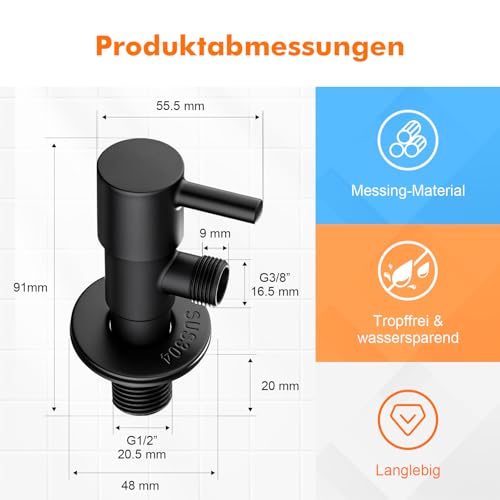 Ibergrif Eckventil 1/2 Zoll Wandanschluss, 3/8 Zoll Schlauchanschluss, Eckregulierventil, Waschbecken für Kalt Warmwasser Trinkwasser, Ventil Messing, Schwarz
