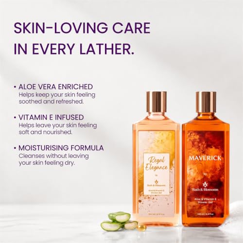 Image of Bath & Blossoms Maverick & Regal Elegance | Duo Shower Gel Collection | Bold Citrus & Spice meets Sweet Amber & Musk | 2 x 260 ml | Aloe Vera & Vitamin E | Vegan & Paraben Free | Premium Body Care | Luxury Gifting