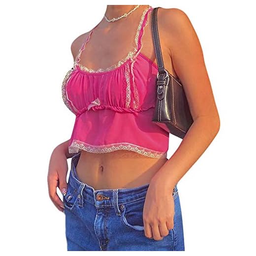 Gesh Y2K Crop Tops för kvinnor lapptäcke spets söt kawaii-kläder ärmlös sexig rynkad cami-topp sommar strandkläder M