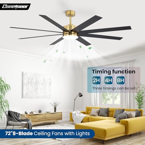 Image of 72 Inch Ceiling Fans with Lights and Remote, Dual Color 8 Blades, Living Room Office Library Cafe Indoor Outdoor Industrial, 3CCT Dimmable, 6 Speed Reversible Quiet DC Motor, Gold /Wood Grain