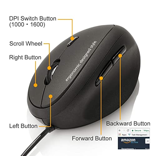 Sanwa Wired Ergonomic Mouse, Optical Vertical Mice, For Small Hands, Reduce Wrist Strain, 1000/1600 Adjustable Dpi, 6 Buttons, Compatible With Macbook, Pc, Laptop, Desktop, Windows, Mac Os, Black #TOP2