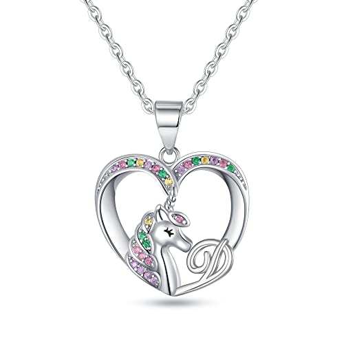 BRIJEWLIC Unicorn Necklace for Girls - White Gold Plated Letter D Initial Heart Necklace for Teens Age 6-8 - Jewelry Gift