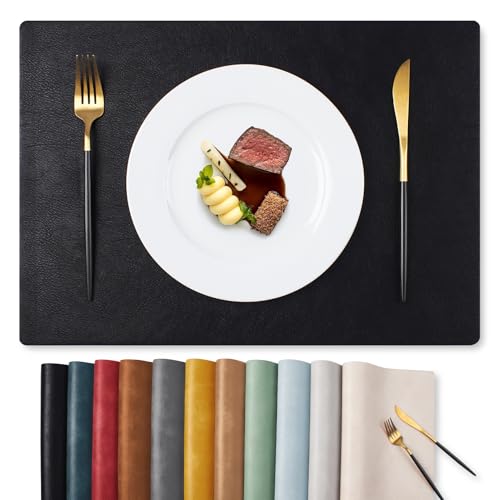 MOSAYT Juego de 4 manteles individuales de vinilo de 12 x 18 pulgadas, piel sintética, 100% impermeable, a prueba de aceite, lavable, manteles individuales reversibles resistentes al calor para cocina