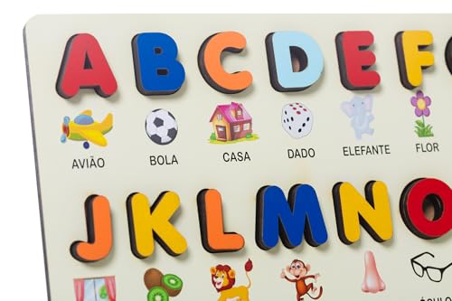 Alfabeto em Madeira Montessoriano Tabuleiro Educativo com Letras Figuras e Palavras