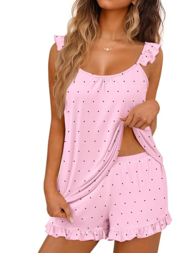 Image of Ekouaer Pajama for Women Set 2 Piece Ruffle Cami Top and Shorts Pjs | Soft Sleepwear, Lightweight Sexy Sleep Pj for Lounging, Date Nights, Honeymoon, Bridal Preparation, Holidays, or Wedding Day
