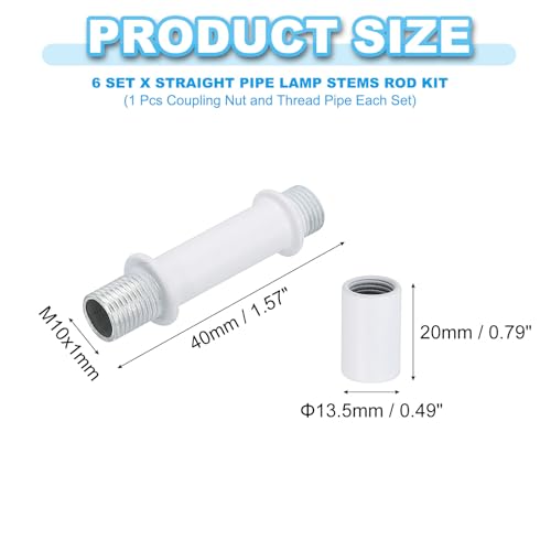 Image of PATIKIL Straight Pipe Lamp Stems Rod Kit, 6 Set M10 Carbon Steel 40mm(1.57 inch) Long Double End Thread Rod with Coupling Nuts Sleeve Connector for Table Lamps Chandeliers, White